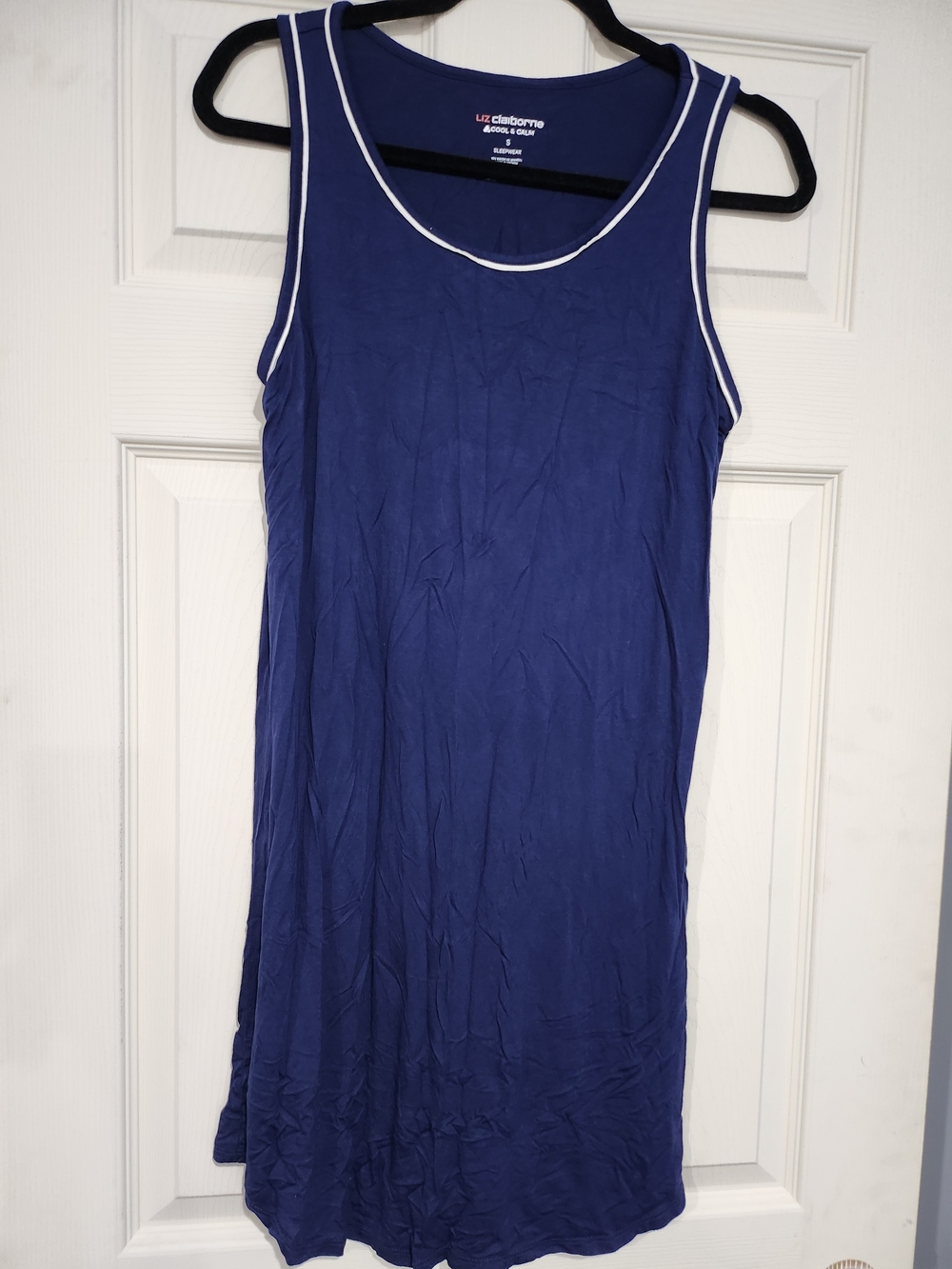 1025. Liz Claiborne Navy Sleeveless Tank Nightgown with White Trim